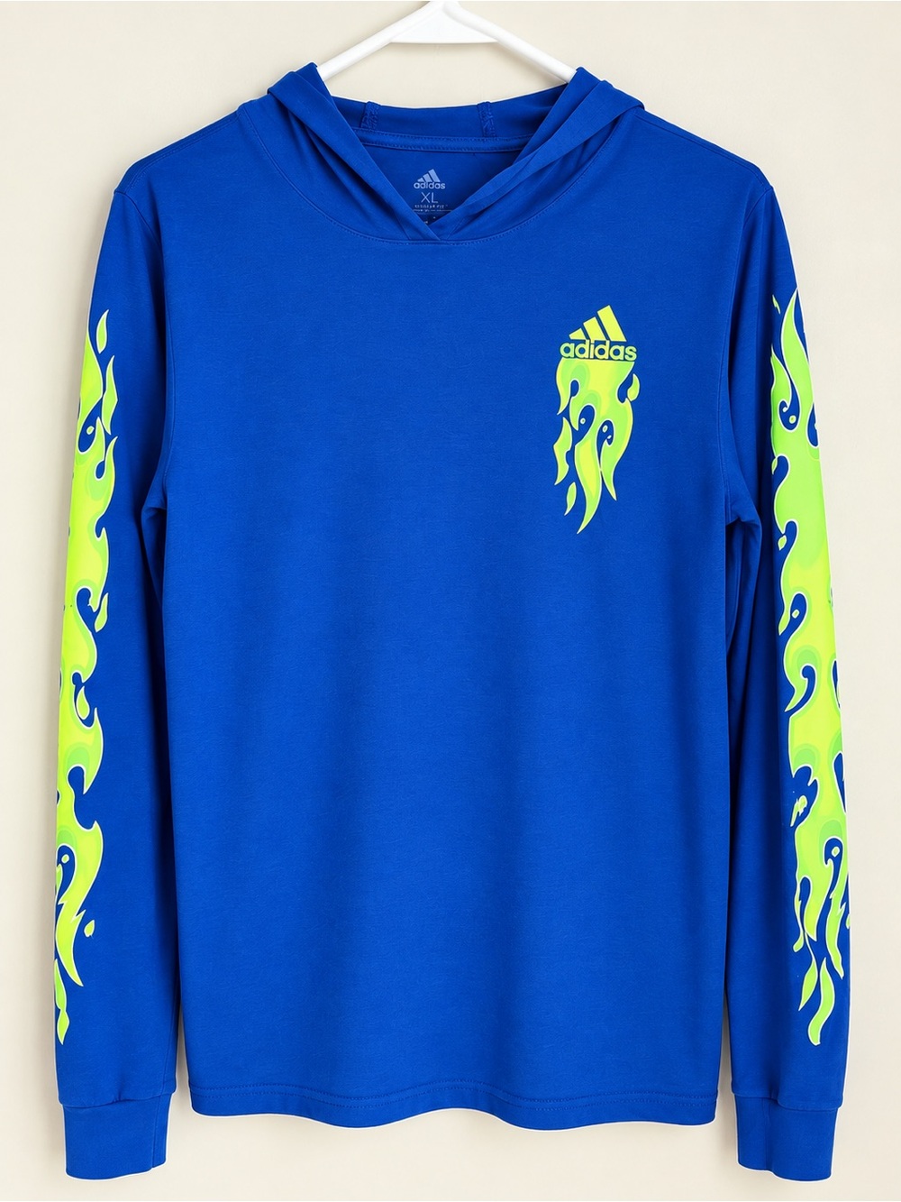 Adidas Boys XL Blue Hooded Long-Sleeve Shirt with Neon Green Flame (0024) - Picture 3 of 4